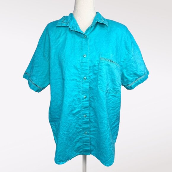 Vintage 90s Blue Button Up Shirt Eyelet Trim Boxy Fit Top Small - Picture 1 of 9